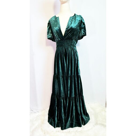 Anthropologie | The Somerset Maxi Dress Velvet Edition Tiered Green | Sz XS - Picture 1 of 11